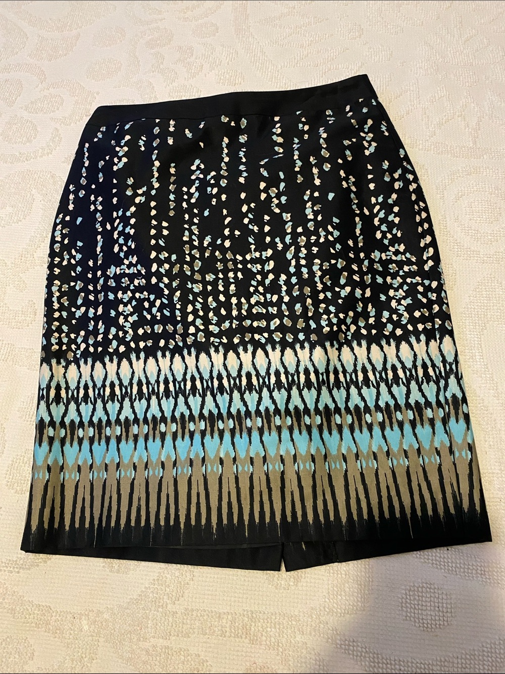 Ann Taylor Black Pencil Skirt with Aqua and Tan Pattern